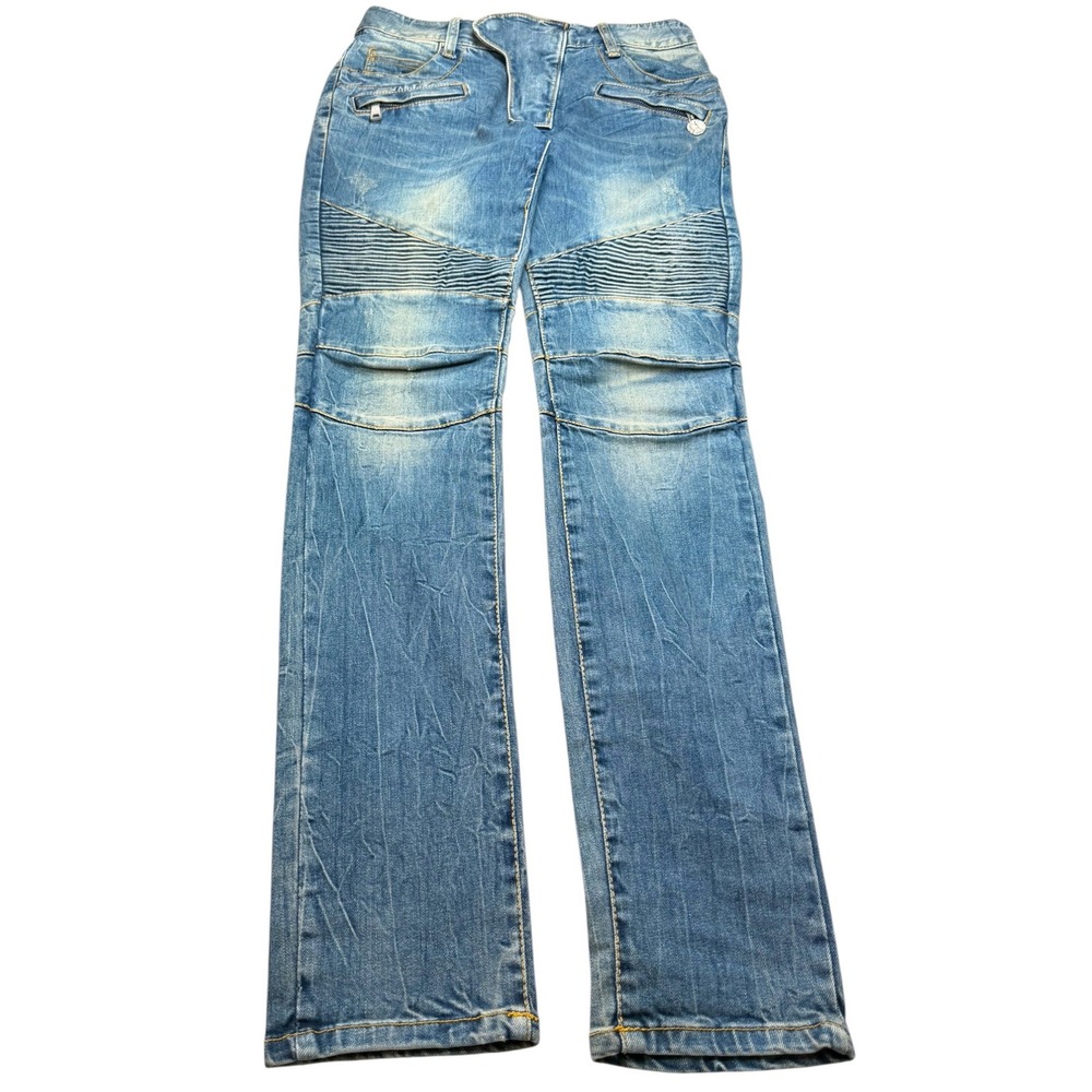 Balmain Paris Biker Jeans 46 Blue Distressed Moto Ribbed Made Italy T500-B316